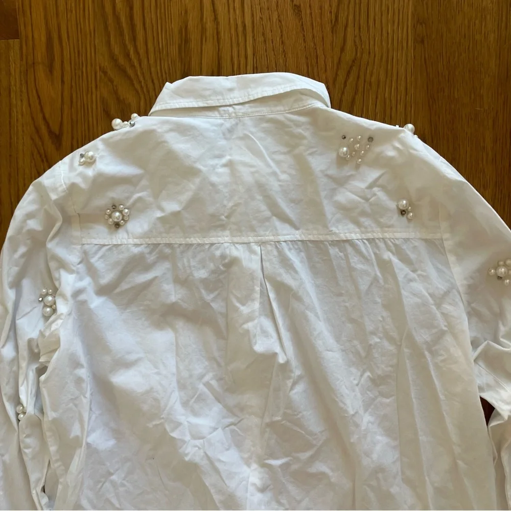 NWT Maeve Anthropologie Shirt Women's Large Bennet Pearl Embellished White - Picture 9 of 11